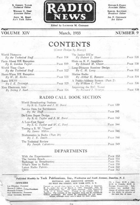 March 1933 Radio News Table of Contents - RF Cafe