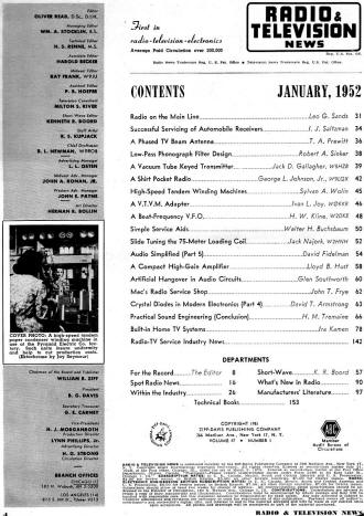 January 1952 Radio & Television News Table of Contents - RF Cafe