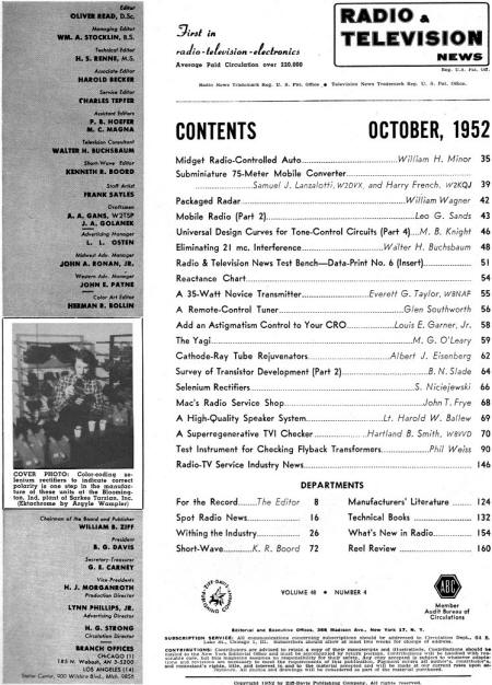October 1952 Radio & Television News Table of Contents - RF Cafe