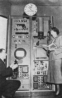 Donald S. Bond, research engineer for RCA, demonstrates "Ultrafax" at the Library of Congress while Jean Montgomery - RF Cafe