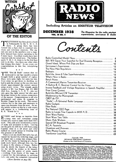 December 1938 Radio News Table of Contents - RF Cafe