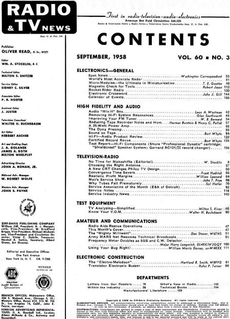 September 1958 Radio & TV News Table of Contents - RF Cafe