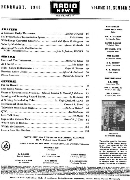 February 1946 Radio News Table of Contents - RF Cafe