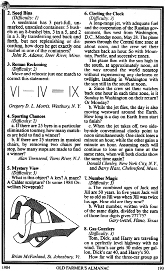 Mathematical Puzzles (p193), 1984 Old Farmer's Almanac - RF Cafe Website