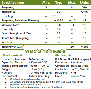 WMC-2-18-15dB-S Directional Coupler Specifications - RF Cafe