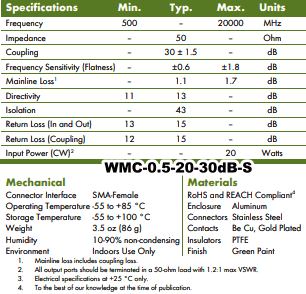 Werbel Microwave WMC-0.5-20-30dB-S 30&nbsp;dB Coupler Specifications - RF Cafe