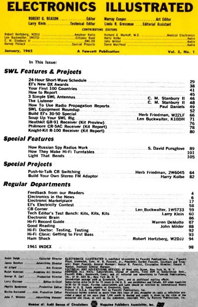 January 1962 Electronics Illustrated Table of Contents - RF Cafe