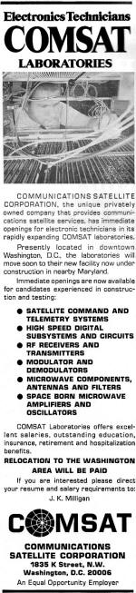 Comsat Laboratories Needs Electronic Technicians, March 1969 Electronics World - RF Cafe