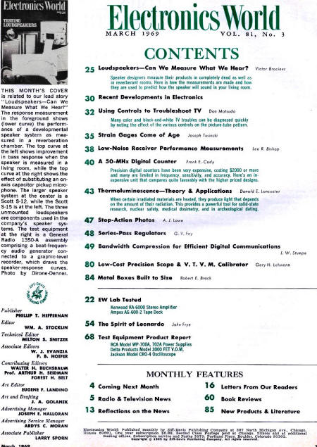 March 1969 Electronics World Table of Contents - RF Cafe