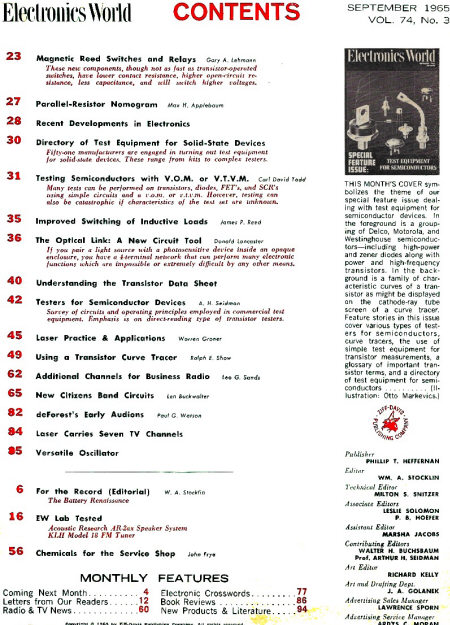 September 1965 Electronics World Table of Contents - RF Cafe
