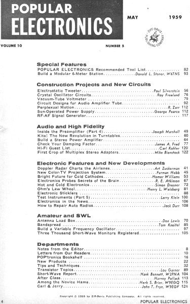 May 1959 Popular Electronics Table of Contents - RF Cafe