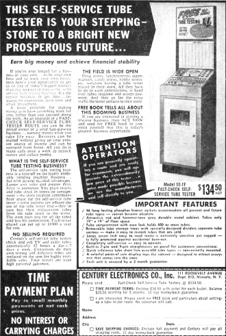 Century Electronics Vacuum Tube Tester Advertisement, December 1958 Popular Electronics - RF Cafe