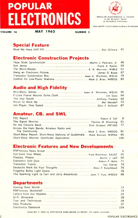 May 1962 Popular Electronics Table of Contents - RF Cafe