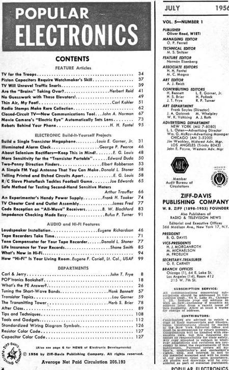 July 1956 Popular Electronics Table of Contents - RF Cafe