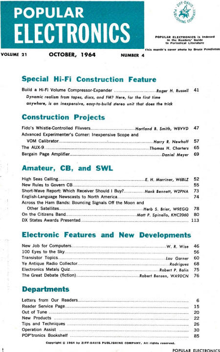 October 1964 Popular Electronics Table of Contents - RF Cafe