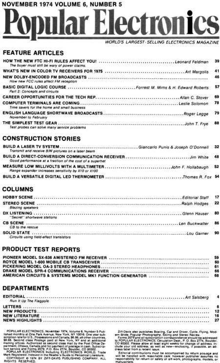 November 1974 Popular Electronics Table of Contents - RF Cafe