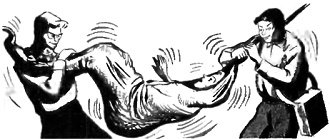 Boys tugged alternately at the ropes to bounce the pinned-in girl wildly about - RF Cafe