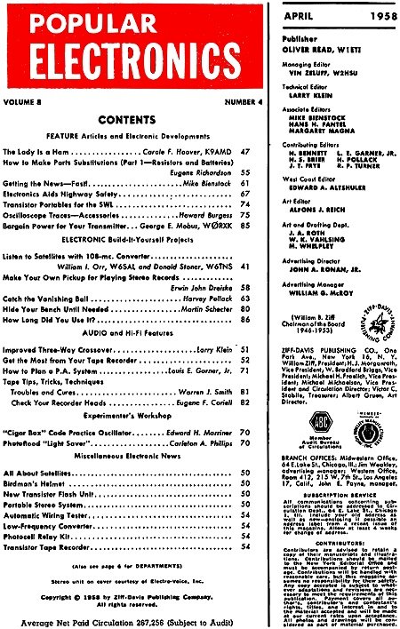 April 1958 Popular Electronics Table of Contents - RF Cafe