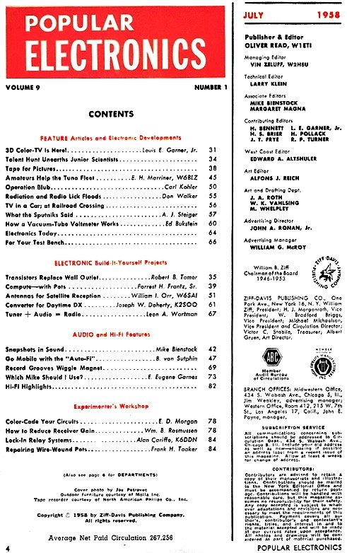 July 1958 Popular Electronics Table of Contents - RF Cafe