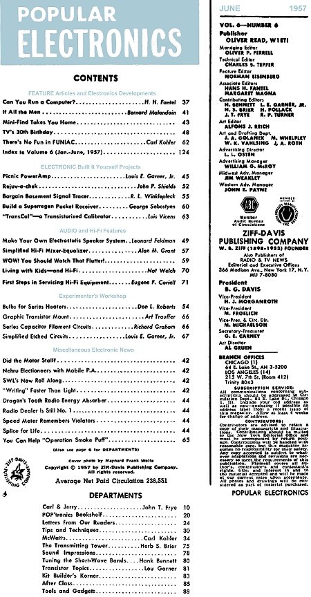 June 1957 Popular Electronics Table of Contents - RF Cafe