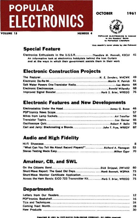 October 1961 Popular Electronics Table of Contents - RF Cafe