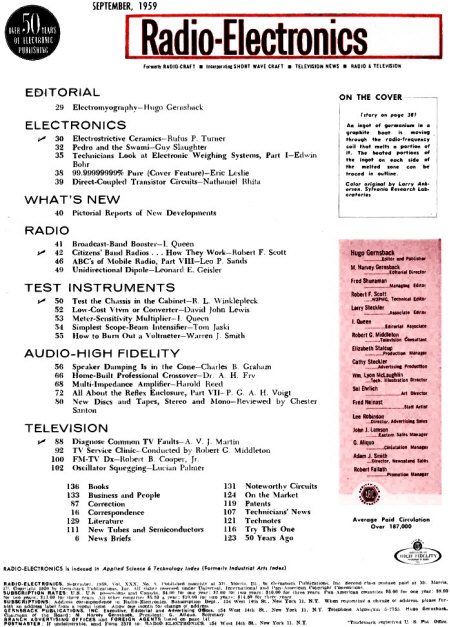 September 1959 Radio-Electronics Table of Contents - RF Cafe