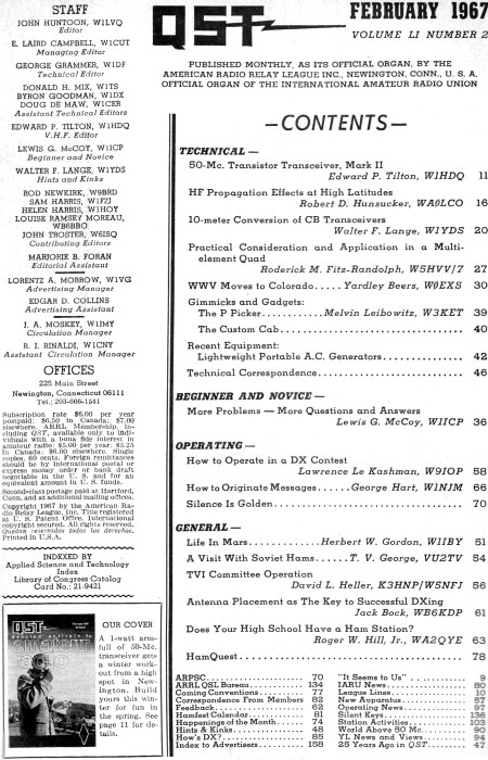 February 1967 QST Table of Contents - RF Cafe