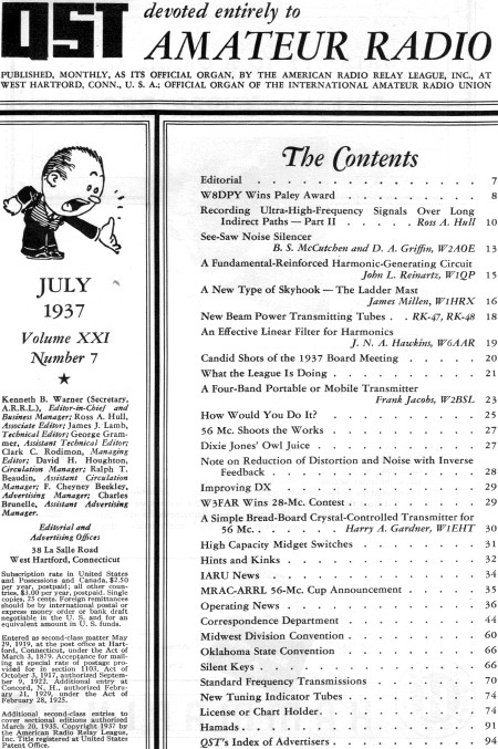 July 1937 QST Table of Contents - RF Cafe