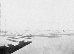 Artist's rendition of WWV building and the eight antenna masts - RF Cafe