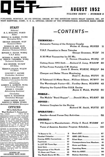 August 1952 QST Table of Contents - RF Cafe