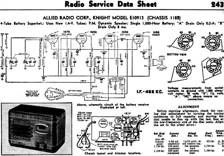 Allied Radio Corp., Knight Model E10913 Radio Service Data Sheet, January 1939 Radio-Craft - RF Cafe