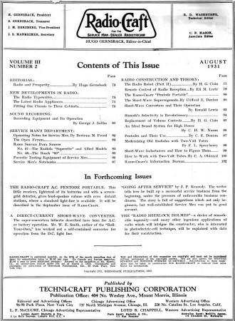 August 1931 Radio Craft Table of Contents - RF Cafe