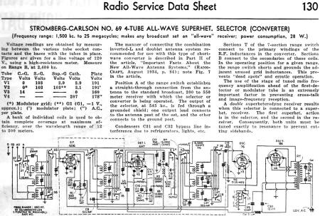 Stromberg-Carlson No. 69 4-Tube All-Wave Superhet. Selector (Converter) Radio Service Data Sheet, January 1935 Radio-Craft - RF Cafe