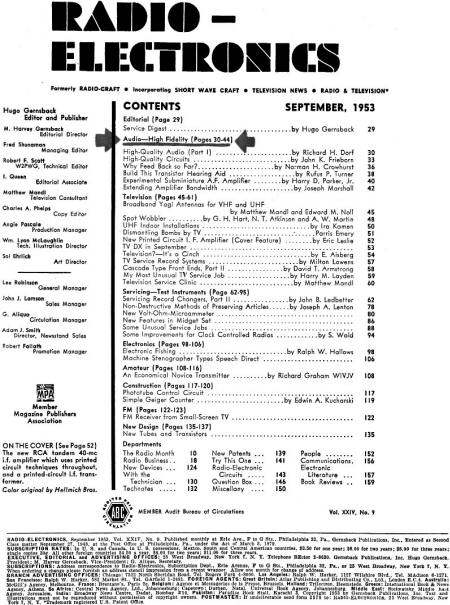 September 1953 Radio-Electronics Table of Contents - RF Cafe