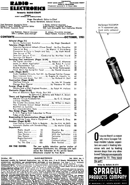 October 1951 Radio-Electronics Table of Contents - RF Cafe