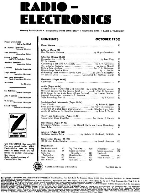 October 1952 Radio-Electronics Table of Contents - RF Cafe
