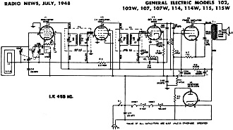 General Electric Models 102, 102W, 107, 107W, 114, 114W, 115, 115W Schematic, July 1948 Radio News - RF Cafe